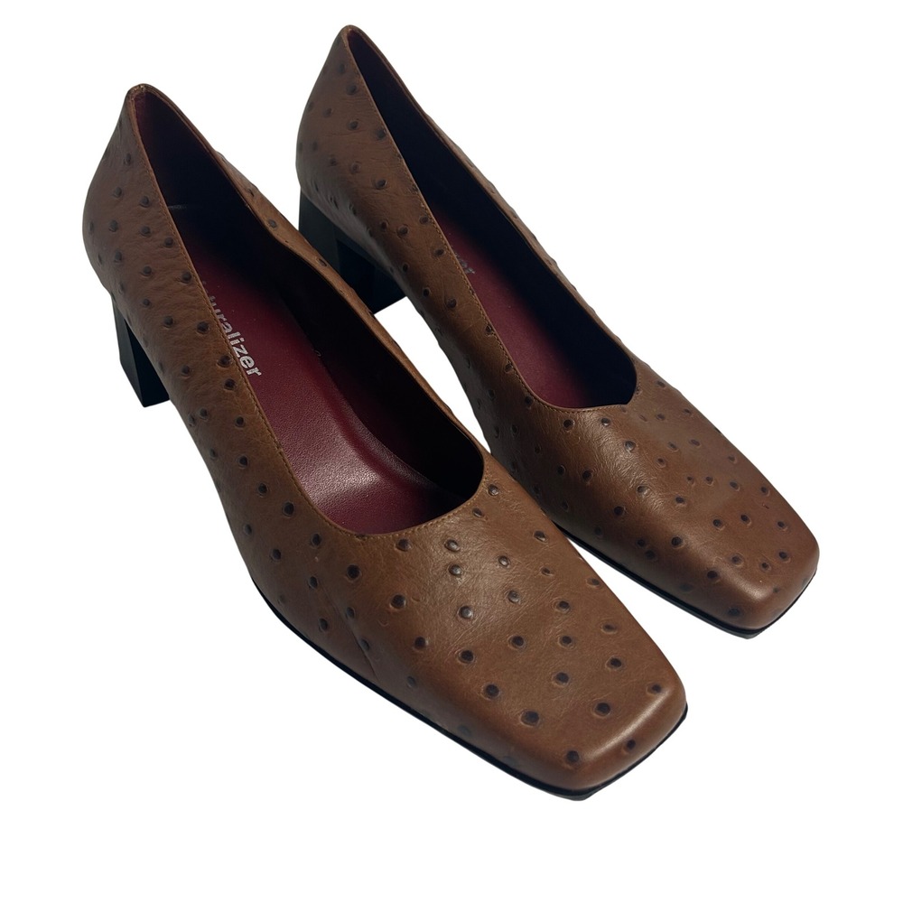 Naturalizer Brown Ostrich Embossed Leather Square Toe Block Heel Pumps 9M FLAW